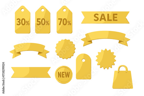 Sale label collection. Gold discount tags 30, 50, 70 percent off. New product sticker. Shopping promotion banner. Special offer ribbon. Price icon set for retail and ecommerce.