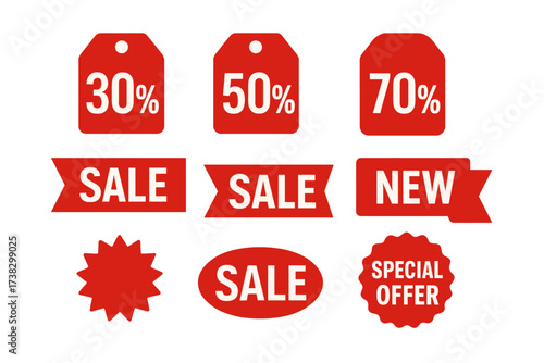 Red sale tags and sticker collection. 30, 50, 70 percent price off discount labels. Special offer and new arrival ribbons. Promotional marketing badges and advertising banners.