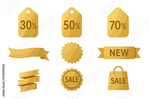 Golden sale tags and new label collection. Discount banners, icons, and special offer shopping tags. 30, 50, 70 percent off. Promotion element set isolated on white.