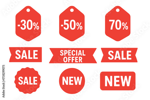 Big sale and new arrival vector collection. Red retail labels with 30, 50, 70 percent discount. Special offer tags, shopping banners and promotional stickers for commerce.