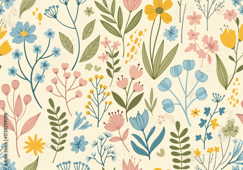 Bright spring seamless pattern with flowers. Bright spring seamless pattern with flowers and leaves. Summer ornamental wallpaper