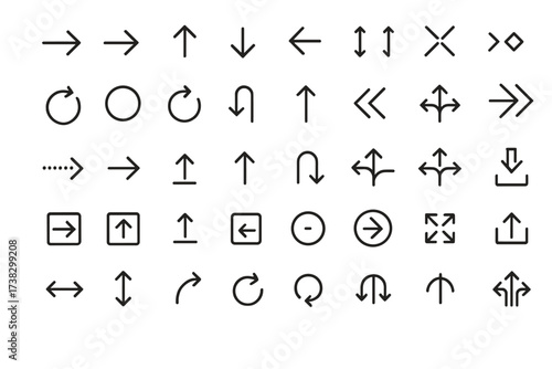 Big set of arrow line icons. Vector collection of 40 thin outline pictograms for web design and user interface. Navigation, direction, pointer, and symbol elements.