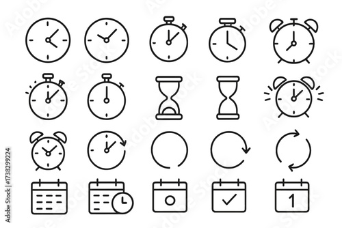 Big set of time and clock line icons. Vector symbols for timer, alarm, stopwatch, hourglass, calendar. Thin outline pictograms for UI, UX, web, app, and time management.