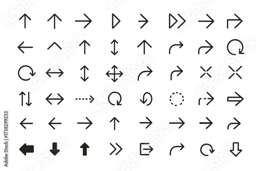 Mega set of 40 arrow line icons. Vector symbols for navigation, direction, and pointers. UI UX graphic elements for web and mobile. Cursors, next, back, reload, download signs.