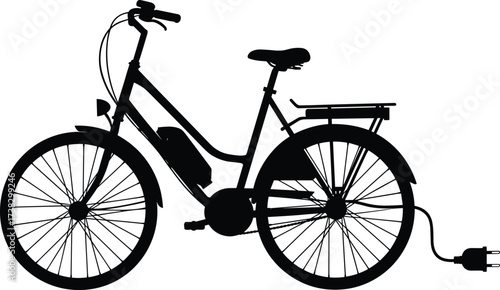 Electric bicycle silhouette, battery powered bike, charging cable, eco transport, power plug, vector icon, mobility concept, green energy, commute graphic