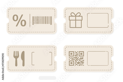 Set of vector coupon templates for business. Gift voucher with promo code for shopping, food and drink discount. Marketing graphic design element with barcode and QR code.