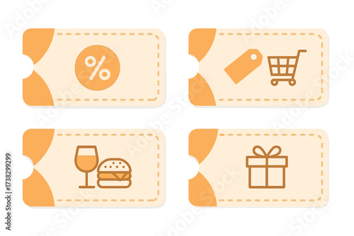 Coupon voucher template set. Vector gift card design elements. Promo code icons for shopping, business, food and drink. Marketing discount graphic for sales and special offers.