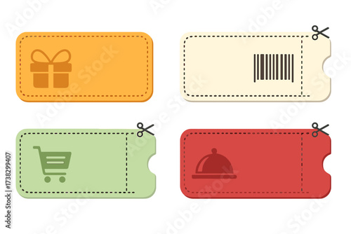 Vector set of coupon templates. Gift card and voucher design for sales promotion. Shopping discount, food promo code, marketing element. Cut out ticket with barcode.