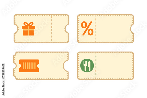 Collection of coupon templates. Vector set of gift vouchers, promo code tickets for shopping, and discount labels. Includes food, present, percent, and barcode icons.