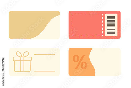 Coupon template set vector collection. Gift card and voucher design. Promo code for shopping, business, marketing. Discount offer tag with percent sign, barcode and gift box.