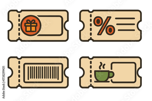Set of coupon templates for business and marketing. Vector gift voucher, discount ticket and promo code concepts. Shopping sale elements with gift, percent, barcode icons.