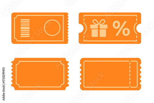 Coupon template set. Vector gift voucher collection. Promo code for shopping, marketing and business. Discount ticket illustration. Sale offer with barcode and percent sign.