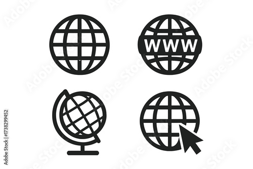 Globe icon set. Web internet www symbol collection. Go to web browser sign. World earth global network pictogram. Website UI element. Vector line illustration on white.