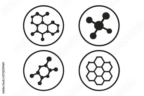 Molecule icon set. Molecular structure chemistry. Science symbol. Chemical bond, atom connection. Hexagonal lattice. Biotechnology, nanotechnology, medical research vector logo.