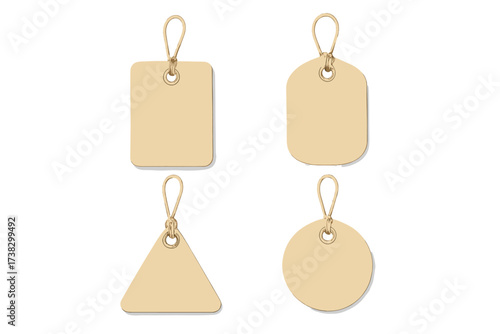 Realistic vector set of blank kraft paper price tags. Empty cardboard labels with strings in square, circle, triangle shapes. Mockup for sale, discount, retail, gift.