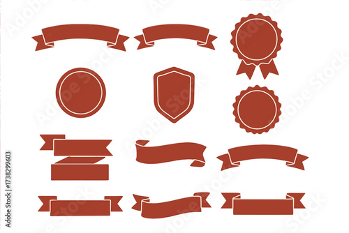 Set of vintage red ribbons, labels and grunge badges. Retro textured banner collection. Blank decorative seal, shield and emblem elements for logo, certificate or sale.