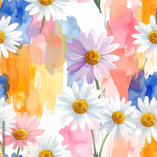 Motif sans couture avec pâquerettes et touches de couleurs peintes à l'aquarelle. Geeneratd image. 