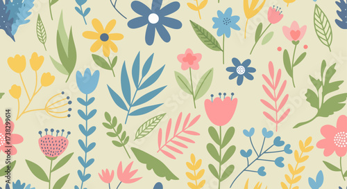 Vector seamless pattern with flowers on blue background
