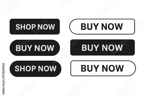 Shop now and buy now button set. Modern vector collection for website and online store. Call to action UI element. E-commerce design isolated on transparent background.