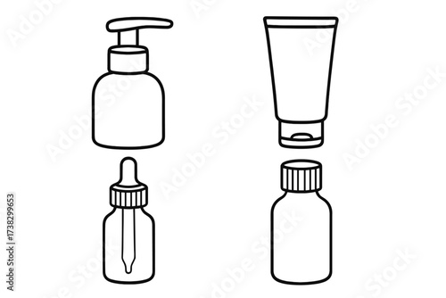 Cosmetic bottle line icon set. Vector illustration of beauty product packaging. Includes pump dispenser, cream tube, serum dropper bottle. Skincare container outline symbols.