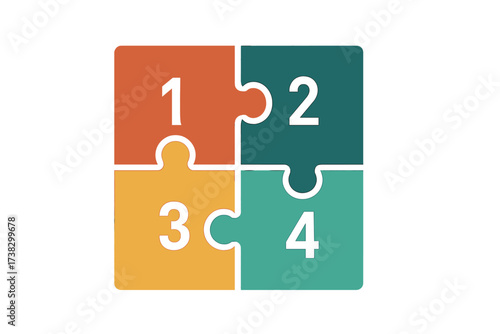 Jigsaw puzzle pieces infographic for four steps. Business process diagram with 4 options. Concept of teamwork, connection, strategy, and solution. Vector element for presentation.
