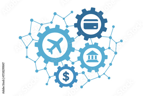 Travel finance mechanism concept. Global payment system metaphor. Connected gears with flat icons for airplane, money, credit card, bank. Fintech. Business technology network.