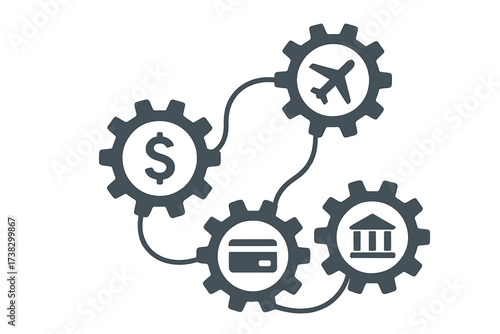 Travel finance system. Abstract concept with connected gears and icons. Integrated symbols for flight booking, money, credit card payment, and bank. Vector interactive illustration.
