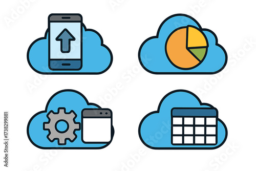 Cloud computing vector icon set. Mobile app data upload, analytics chart, software settings, and database table. SaaS technology concept for business and web services.