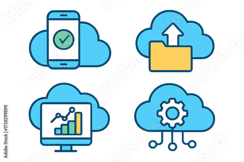 Cloud computing service vector icon set. App software technology for data storage, upload, analytics, and settings. Mobile and desktop synchronization. SaaS platform business solution.