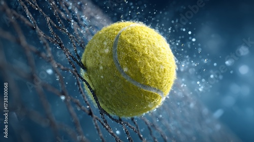 Yellow tennis ball hitting the net with water droplets against a blue background
