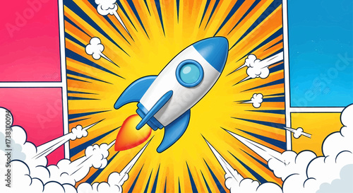 Cartoon rocket spaceship launch in pop art comic style. A vector illustration for startup success and future innovation