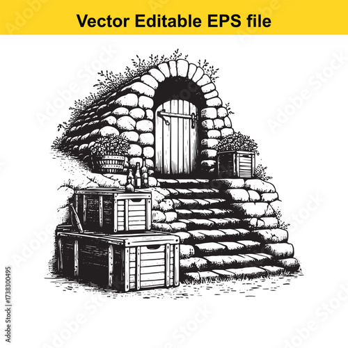 Vector art of stone cellar entrance with wooden crates and stairs