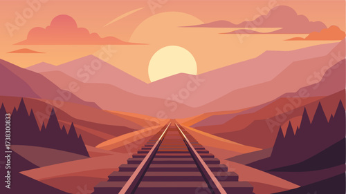As the sun sets behind the rolling hills the railway line glows in soft oranges and pinks creating a picturesque scene.