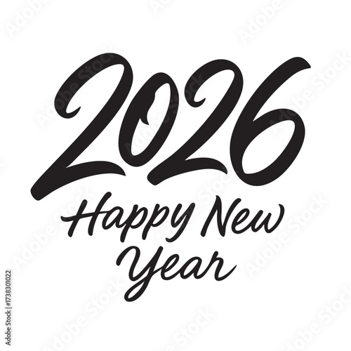 Bold black calligraphy displays 2026 with a happy new year message below