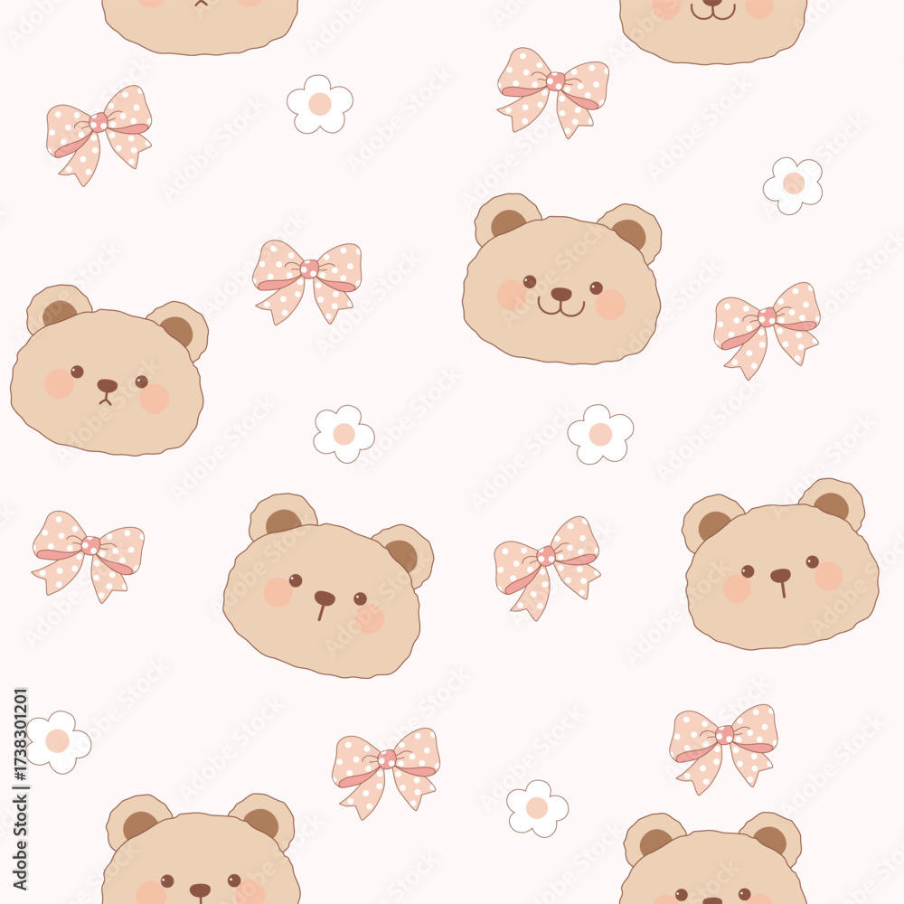 Obraz premium bear head with bow and flower seamless pattern , vector , illustration