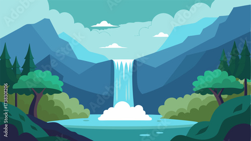 A small and serene clearing with a towering waterfall cascading down one side and providing a soothing soundtrack.