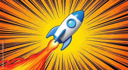 Cartoon rocket launch in a comic pop art retro style. Vector illustration for startup success and business growth