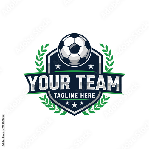 Vector art of a dynamic soccer team logo with a soccer ball, shield, and laurel wreath, , perfect for sports branding and team identity