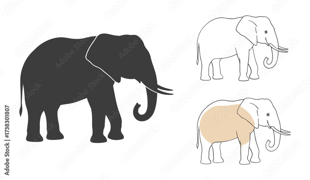 Fototapeta premium Dark gray elephant silhouette and two line art elephants one with tan fill drawing outline