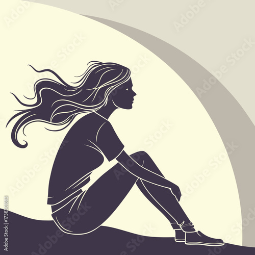 Silhouette of a woman sitting alone with long hair in the wind