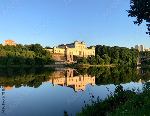 Palace reflection on calm river