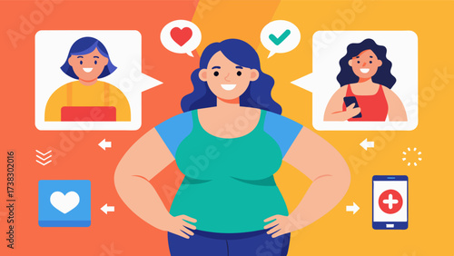 A social media influencer sharing before and after photos highlighting the journey to a healthier and more realistic body image.. Vector illustration