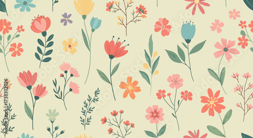 Seamless floral design with hand-drawn wild flowers. Repeated pattern vector illustration. Repeated pattern can be used for web page background, surface textures and fabrics. Vector illustration.