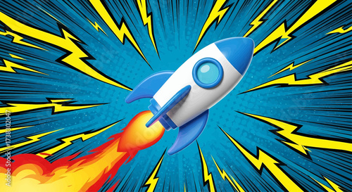 Retro pop art cartoon rocket spaceship launch vector illustration. Comic explosion background for startup success, future innovation, technology, space travel and business growth
