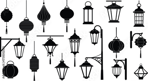 Lantern silhouette collection, hanging lamp icons, vintage lighting, wall-mounted lanterns, pole lamps, vector set, black shapes, decorative elements, design inspiration