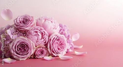 Beautiful bouquet of pink roses and hydrangeas on a pink background