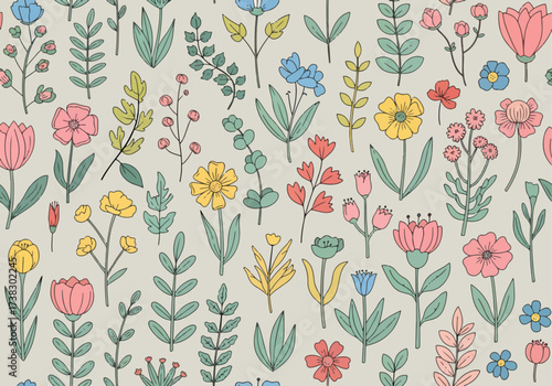 Vector blue and gray plants horizontal seamless pattern background