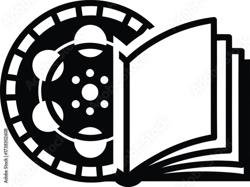 Open book and film reel icon representing knowledge and entertainment