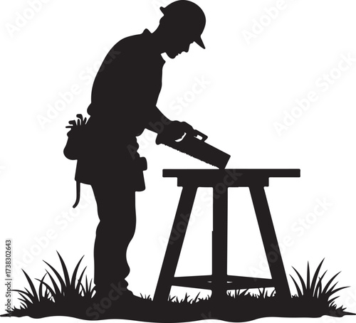 Silhouette of a carpenter sawing wood on a sawhorse