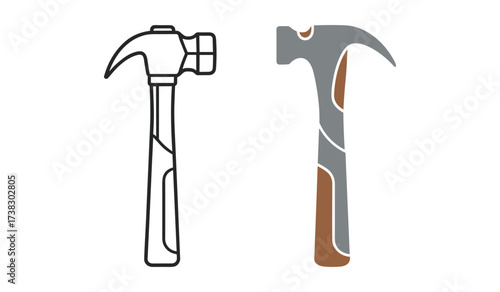 Outline and Solid Hammer Icons Side by Side on White Background tool construction